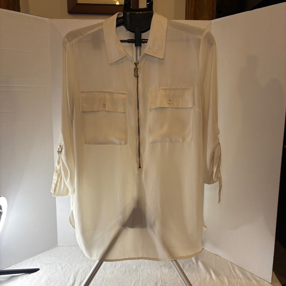 Michael Kors White Women's Roll-Tab Sleeve Blouse, Sz. XL Gold Zipper & Buttons